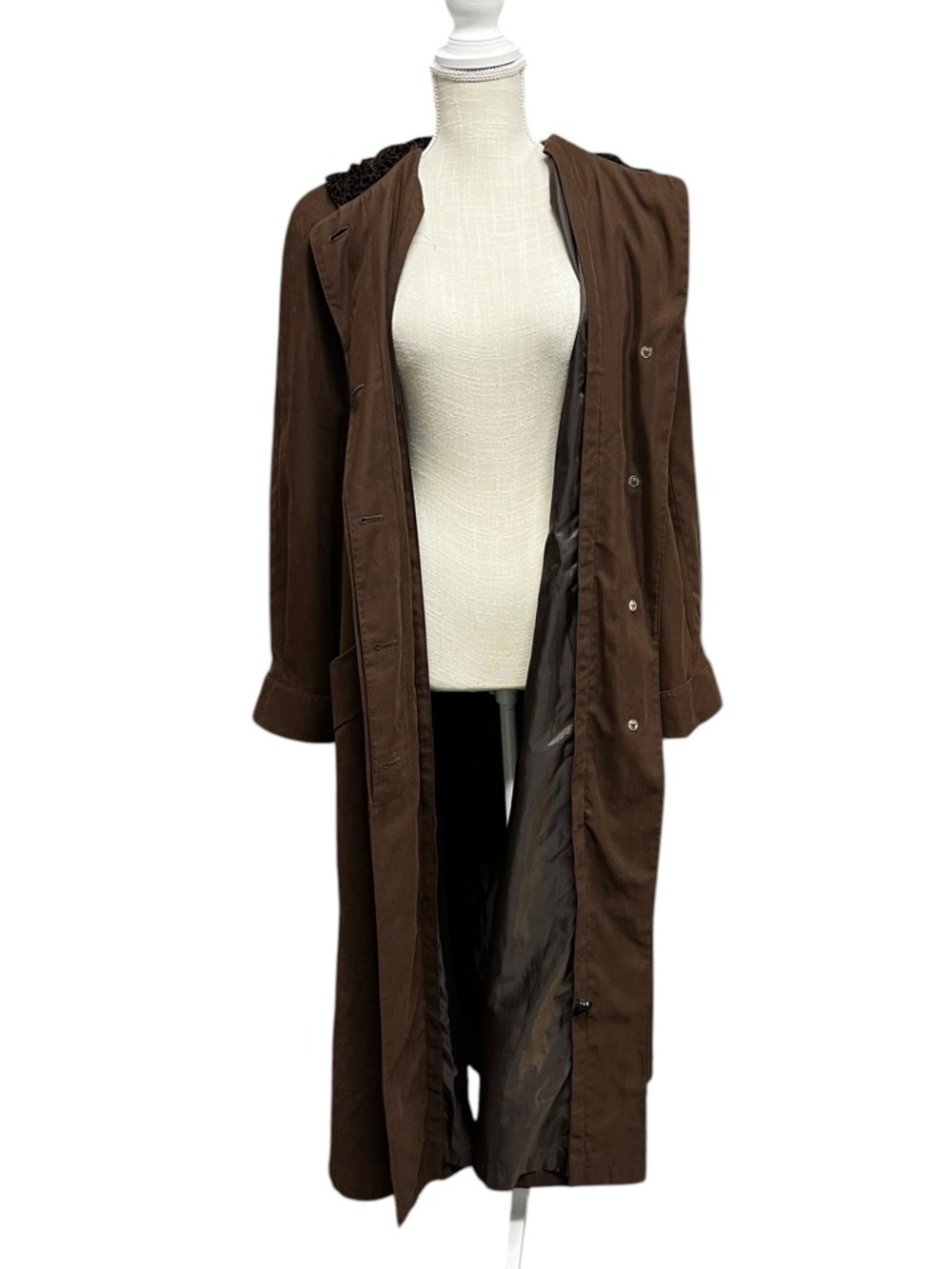🌻Vintage 90s Gallery Brown Hooded Trench Coat Leopard Print Hood Lining Size 8 - Picture 4 of 10